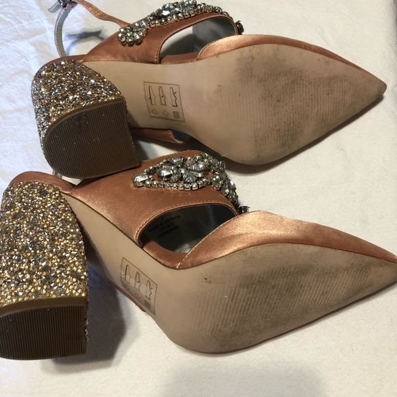 ASOS Shoes SATIN Size 7 Embellished Block Heels.Ankle strap,Pink Papaya Color. - Picture 4 of 8